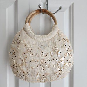 Coldwater Creek Clutch Bamboo Handles Mother of Pearl Beaded Accents